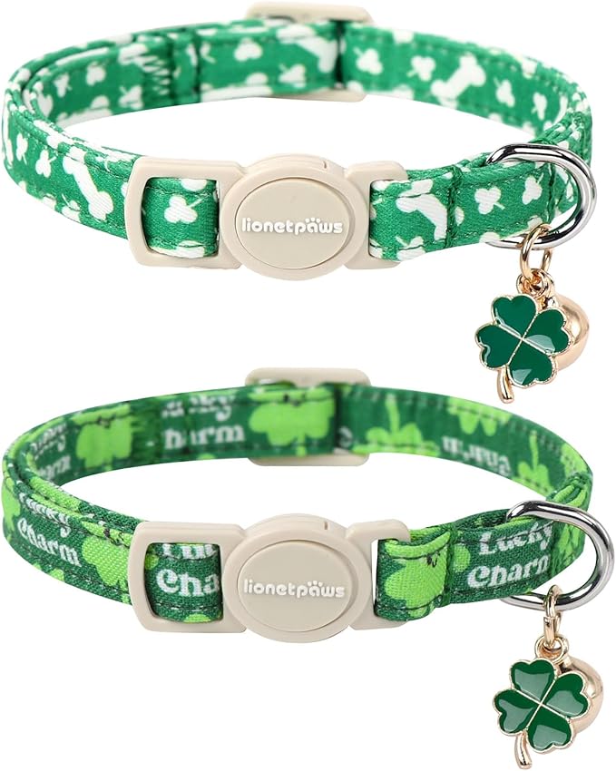 Lionet Paws 2pcs Pack St. Patrick Cotton Cat Collar,Breakaway Buckle with Clover and Bone Stick Cute Adjustable Green Cat Kitten Collar,Ideal for Girl Cats Boy Cats