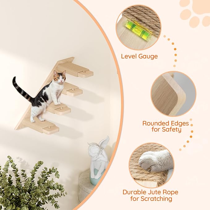 HOOBRO Cat Wall Shelves Set of 2, Wood Wall Mounted 4-Level Cat Wall Steps, Cat Wall Climber Furniture, Cat Climbing Shelves with Jute Scratching Steps, for Cat Perches and Platforms, Nature NL42CS03