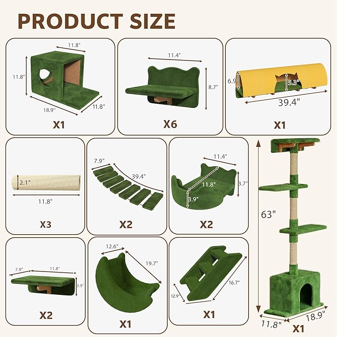 20-in-1 Cat Wall Shelves, Wall Mounted Cat Furniture w/Plush Fabric, Cat Climbing Wall System, 63''H Cat Tower w/Scratching Posts, Cats Shelf with 40''L Tunnel, Condos, House, Step and Ladder