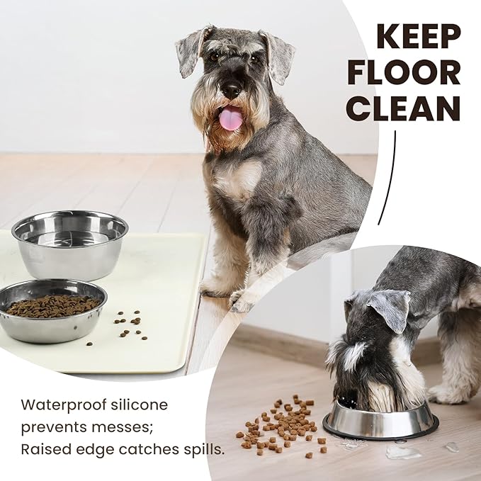 VIVAGLORY Dog Food Mat Flexmat Dog Bowl Mat, Placemat Food Tray with Raised Edges & Lip for Indoor Floor, Non Slip Waterproof Silicone Dish Placemat for Cat & Pet, S, Ivory