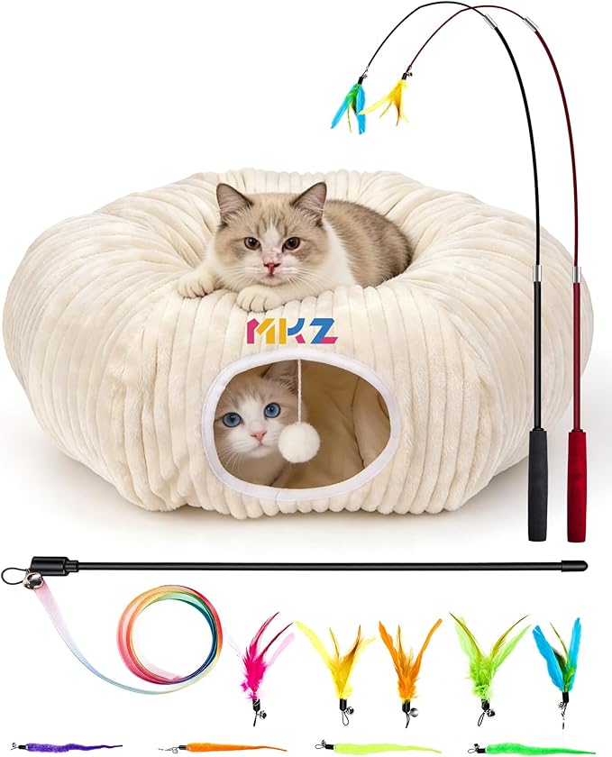 Cat Tunnel for Indoor Cats - Collapsible Foldable Play Tunnel with Cat Toys for Kittens & Rabbits, Fun Interactive Pet Toys for Enrichment & Hiding, Large Durable Crawl Tube for Playtime and Exercise