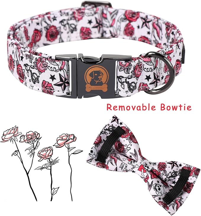 MR. CHUBBYFACE Valentine's Dog Collar with Bow Tie-Cute Pink Rose Cotton Dog Collar, Adjustable Valentine's Boy Girl Dog Collars with Metal Buckle for Small Medium Large Dogs