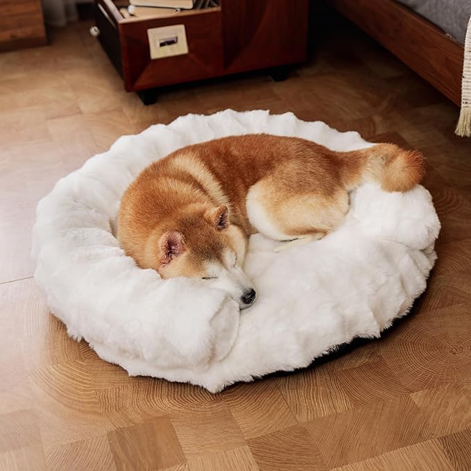 Dog Bed Couch Sofa for Small Medium Dogs and Cats Round Plush Orthopedic Sofa Pet Bed Washable Puppy Bed with Removable Cover Anxiety Relief Dog Couch Pet Furniture for Indoor Pets 30 x 30 x 9 White