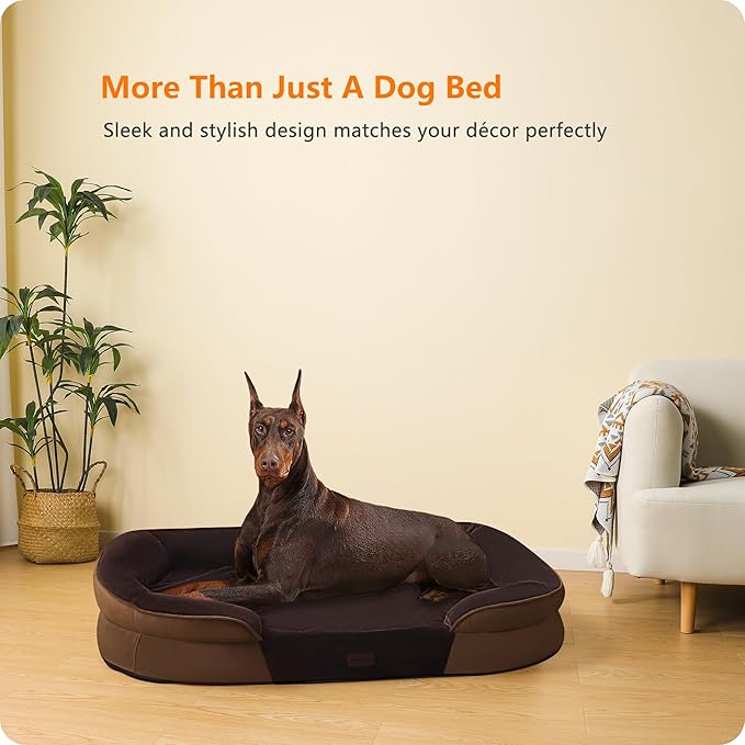 Dwanton Orthopedic Dog Bed for Extra Extra Large Dogs with Gel Memory Foam, Waterproof Dog Sofa, Washable Pet Bed with Four Sided Bolster Cushion, Removable Cover & Non-Slip Bottom, 48", Brown