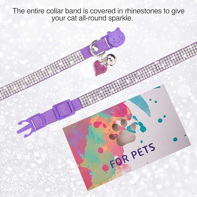 Rhinestone Cat Collar Breakaway with Bell, Diamond Cat Collar with Safety Buckle Quick Release for Girl Boy Small Kitten Pets Puppy,Cute Soft Female Male Cat Collars, Color Purple 8-12"