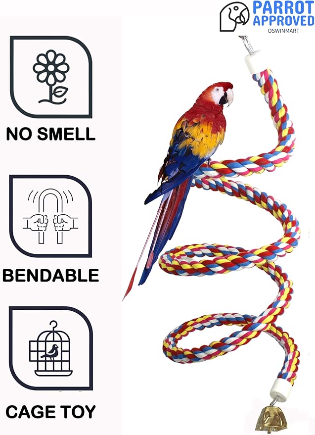2PCSx 79inch(200cm) Bird Spiral Rope with Golden Bell Perches Birdcage Swing Toys 100% Cotton Natural Bird Perch Peck/Chewing Climbing Standing Bungee Parrot Toys for Regular to Large Size Parrot