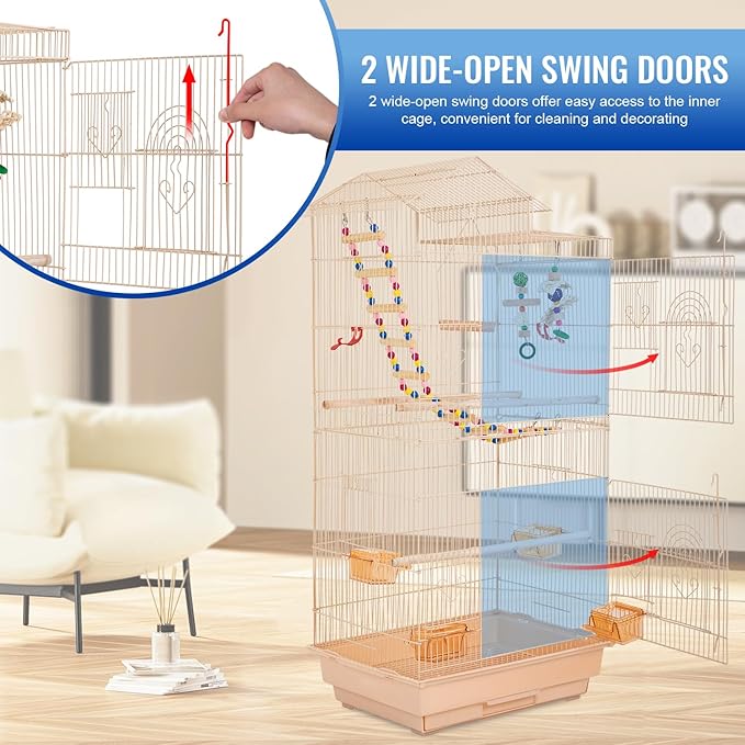 FDW 39 Inch Bird Cage Parakeet Cage with Play Top Rolling Stand & Easy Clean Pull-Out Tray Roof Top Parrot Cage for for Finches Canaries Parakeets Cockatiels & Other Small Birds, Almond