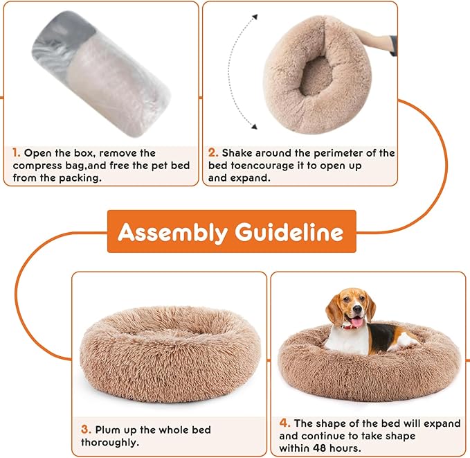 Sweetcrispy Donut Dog Bed, Large Round Calming Cat Bed with Washable Waterproof Cushion, Anti-Anxiety & Anti-Slip Fluffy Cuddle Cozy Faux Fur Plush for Pet Puppy Indoor Sleeping (30.7"x30.7", Brown)