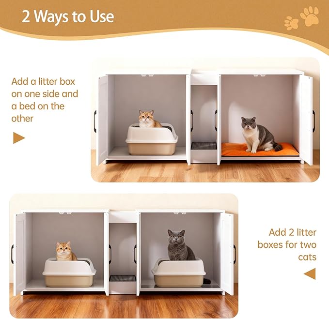 Cat Litter Box Enclosure Furniture - Hidden Litter Box Double Cabinet with Scratch Pad & Cats Bed | Farmhouse Style End Table for Cats | Discreet Cat Washroom for Living Room & Bedroom White