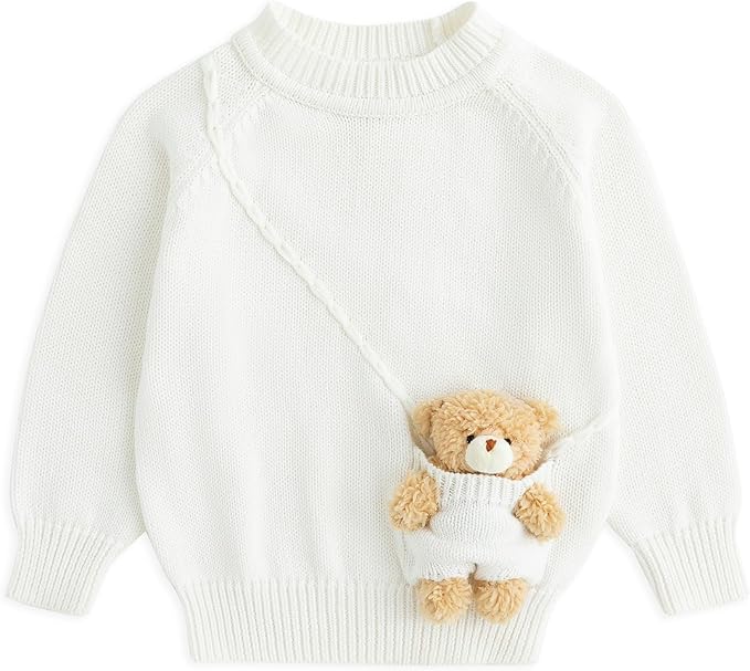 Simplee kids Baby Girl Knit Sweater with Bear in The Pocket Toddler Pullover Sweater Cute Fall Winter Clothes
