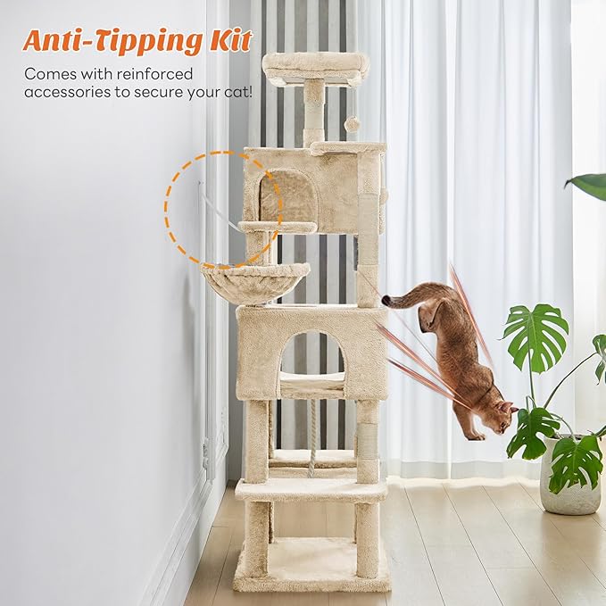 Large Cat Tree 66 Inch, Multi-Level Tall Cat Tree Tower with Condo, Perches, Sisal Scratching Posts and Hammock, Pet Play House with Dangling Balls for Indoor Cats, Beige