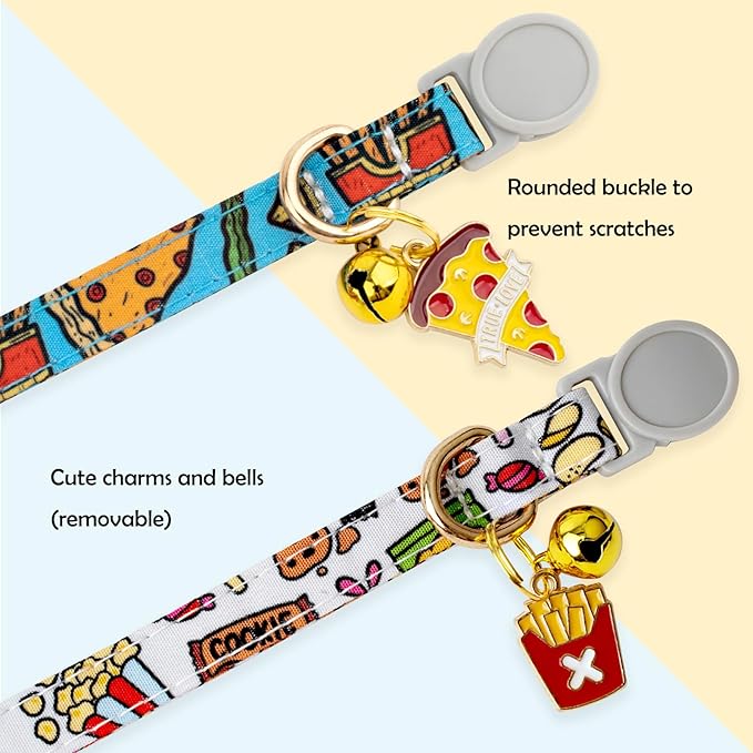 Faygarsle 2 Pack Breakaway Cat Collar with Bells for Female Malel Cats Cute Blue White Collar with Pizza Fries Charm for Cats