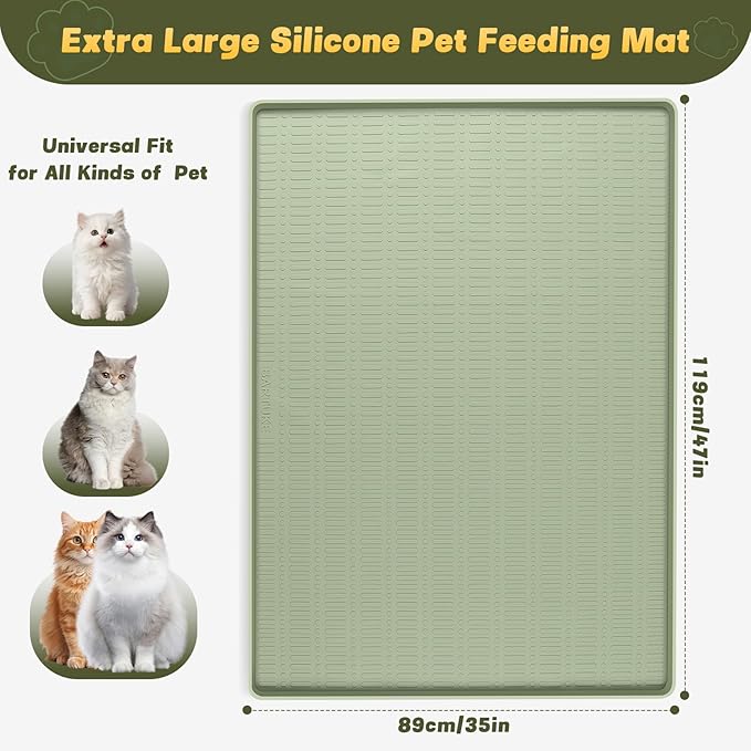 47" x 35" Silicone Cat Food Mat, Waterproof Pet Feeding Mat with Raised Edge, Extra Large Cat Bowl Mat Water Bowl Placemats for Cats, Non-Slip, Protects Floors, Easy to Clean (Light Green)