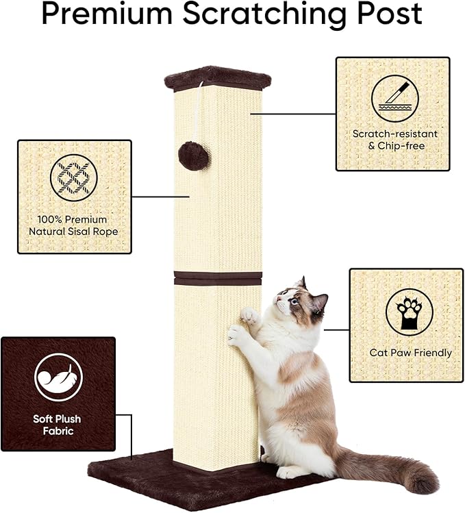 Cat Scratching Post 32 Inch for Indoor Large Cats and Kitten, Nature Sisal Tall Cat Scratch Post, Sisal Cat Scratcher Improve Cat's Scratching Habits and Protect Your Furniture, Beige