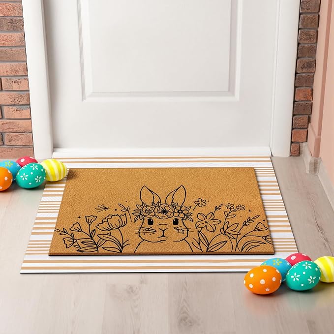 Tinideya 2 Pcs Easter Day Door Mat Welcome Outdoor Non Slip Coir Mats Flower and Bunny Floor Layering Doormats Seasonal for Front Porch Entryway Decor (Easter Bunny)