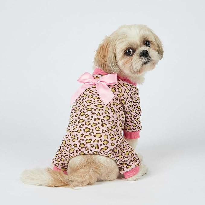 Fitwarm Leopard Dog Pajamas, Fleece Dog Clothes for Small Dogs Girl with Legs, Pet Onesie, Cat Outfit, Pink, XS