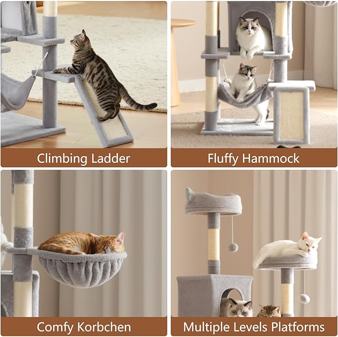 Sweetcrispy Cat Tree 75 Inch, Large Multi-Level Tall Cat Tree Tower with Condo, Perches, Sisal Scratching Posts Board and Hammock, Pet Play House with Dangling Balls for Indoor Cats, Light Grey