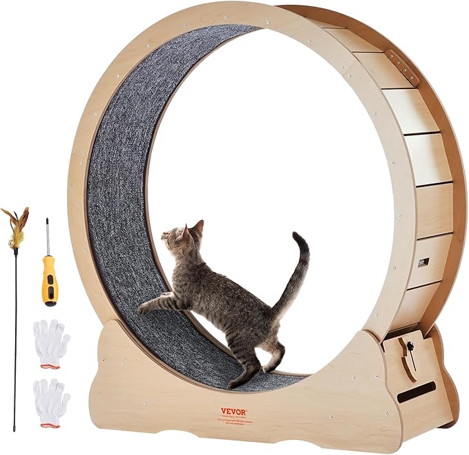 VEVOR Wooden Cat Exercise Wheel, 43.3" Large Cat Treadmill Wheel for Indoor Cats, Cat Running Wheel with Detachable Carpet & Cat Teaser for Running/Walking/Training, Suitable for Most Cats Yellow