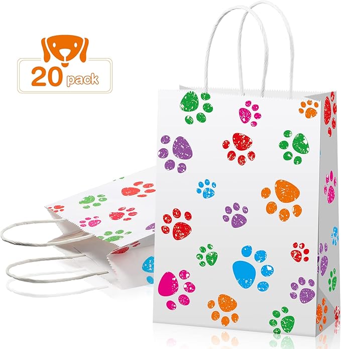 Blulu 20 Pcs Puppy Dog Paw Gift Bags with Paper Twist Handles, Dog Gift Paper Paw Treat Goodie Bags for PET Treat Party Favor, 6.3 x 3.1 x 8.6 Inch(White Backing, Colorful Paws)