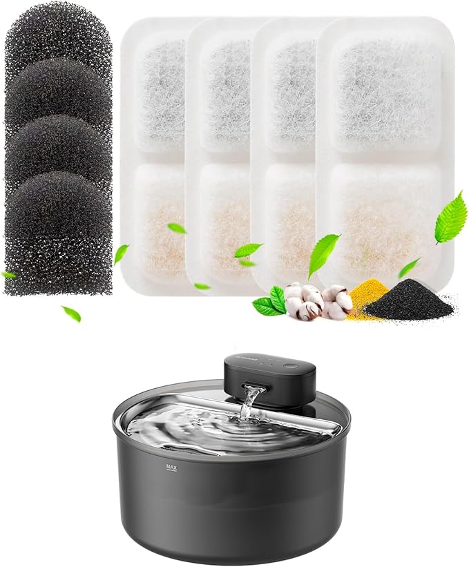 oneisall 4pcs Replacement Filters for 2.2L 3.2L Wireless Cat Water Fountain, Fits Model PW13 PW14, 2 Months Set of Replacement Filters and Sponges