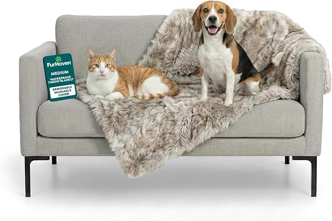 FurHaven Waterproof Throw Blanket for Dogs & Indoor Cats, Reversible Protective Pet Blanket, Medium, Long Faux Fur & Velvet, Driftwood