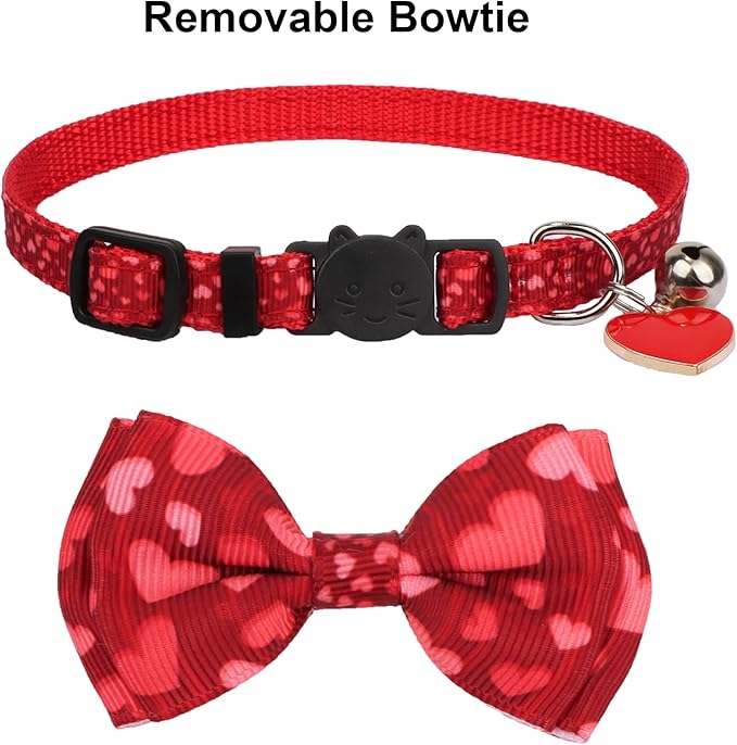 ADOGGYGO Valentine Cat Collars with Bow Bell, Breakaway Cat Bowtie Collar Red Pink Heart Pattern Valentine Collars for Girl Boy Cats Kittens