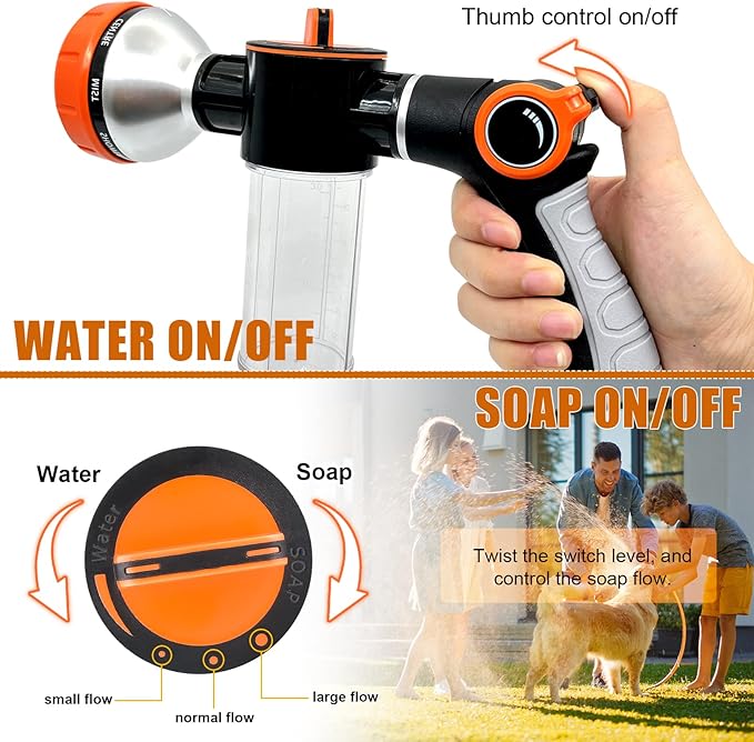 8 in 1 Garden Hose Nozzle Sprayer, Upgrade Dog Wash Hose Attachment with 3.5OZ/100CC Soap Dispenser Bottle and Dog Shower Brush, Ideal for Watering Flowers, Car Washing, Dog and Horse Bathing