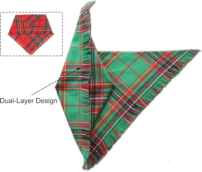 Christmas Dog Bandanas 2PCS-Large,Winter Classic Red Green Plaid Dog Scarf with Tassels Edges,Triangle Holiday Outfit for Boy and Girl Dogs,Pet Costumes for Medium to Large Dogs