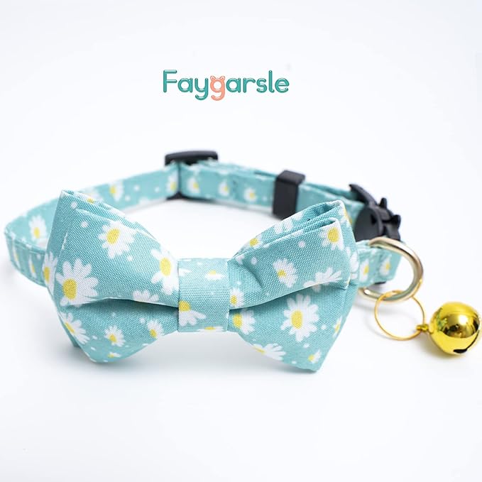 Faygarsle 2 Pack Cotton Designer Breakaway Cats Collar with Bow Tie and Bell Cat Collars for Girl Female Cat Collar with Bell Collars for Cats Flower Pattern