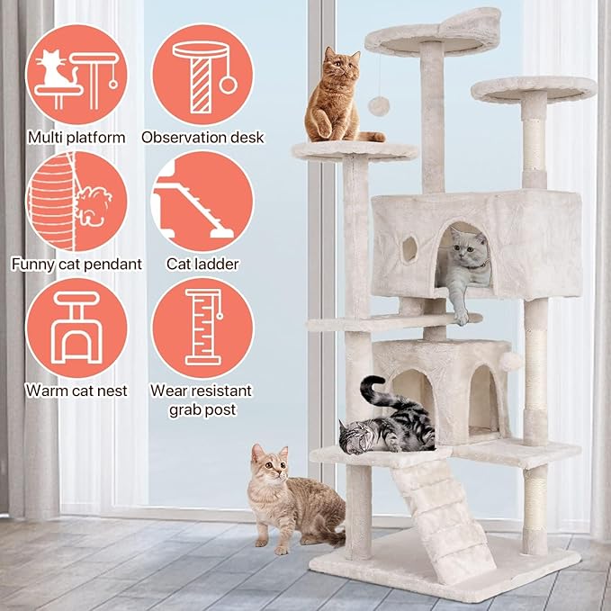 54in Cat Tree Cat Climbing Tower with Scratching Post, Cats House Perch Kitten Tree Condo Wood Playhouse, Pet Trees Tower for Indoor Cats, Beige