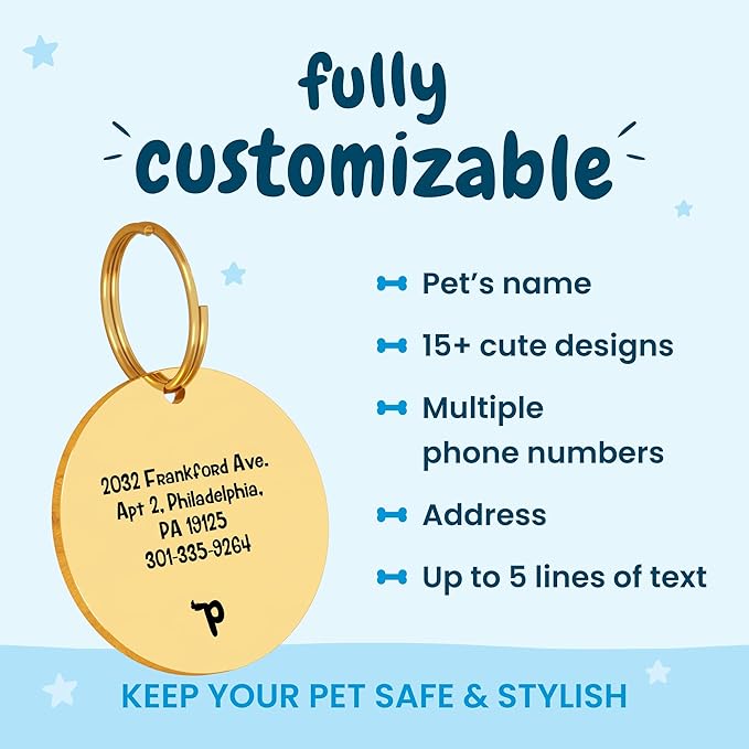 PawFurEver Custom Engraved Pet ID Tag – Personalized Dog Name Tag for Dogs and Cats, Stainless Steel Collar Accessory with Cute Designs for pet Name Tags (Circle, Gold)