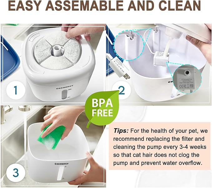 Cat Water Fountain 2.2L with 3 Filters and 1 Mat, Dual Flow Modes Dog Water Fountain with Ultra Silent and Auto Stopping for Small Kitty Cats and Dogs - White