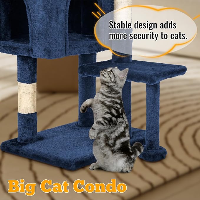 FDW 37.8 inch Cat Tree Cat Tower for Indoor Cats with Scratching Posts,Multi-Level Cat Furniture Activity Center Stand House Cat Condo Modern Cat Tower with Hanging Cradle & Funny Toy,Navy Blue