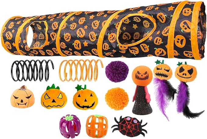 Interactive Cat Play Tunnels - Halloween Peekaboo Cat Cave with Toys, Cats Engaging Activity Center | Interactive Toy & Activity Center for Indoor Cats, Kittens, Small Animals, Playing & Stimulation