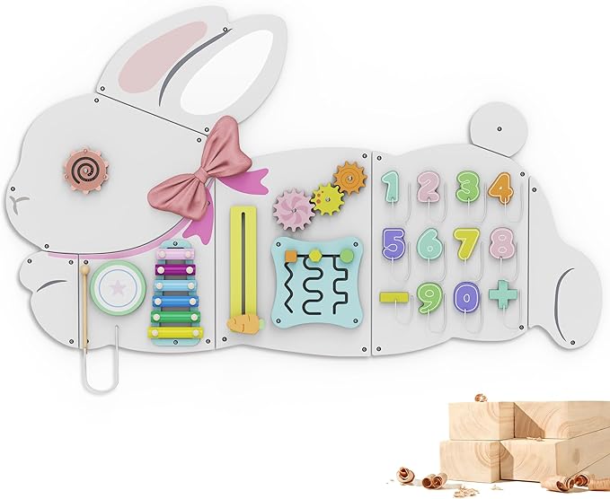 BlueWood Wooden Wall Busy Board Panels, Toddler Learning Activity Center, Montessori Philosophy Sensory, Educational Toys, Conducive to All-Round Development - Rabbit