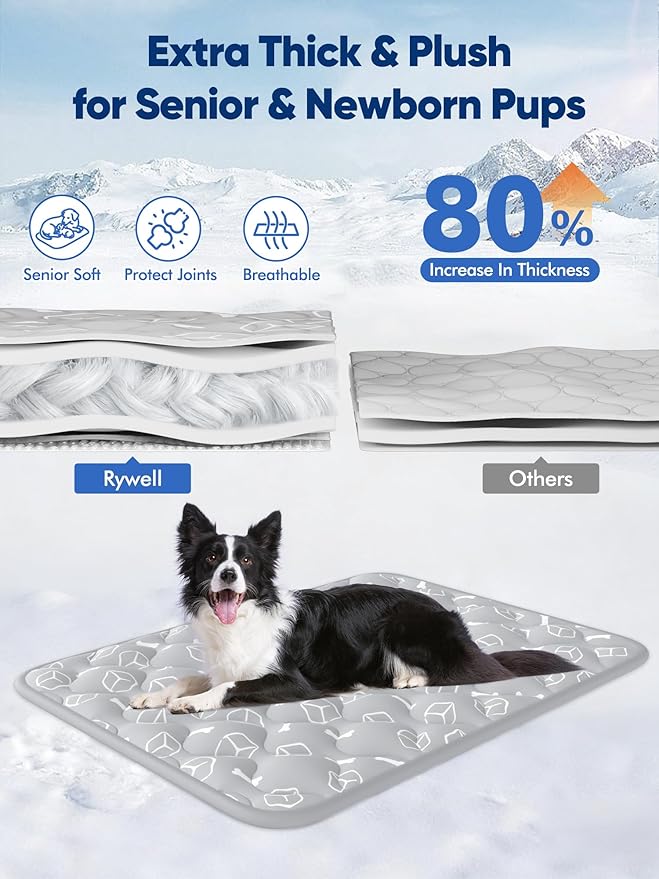 Rywell Dog Cooling Mat 2.0 - Elegant Grey Edition, 30 * 20 Thickened Cooling Pad for Dogs, Internal Waterproof & Endothermic Color-Changing Arc-Chill Cool Fiber (Q-Max>0.5) for Summer Comfort