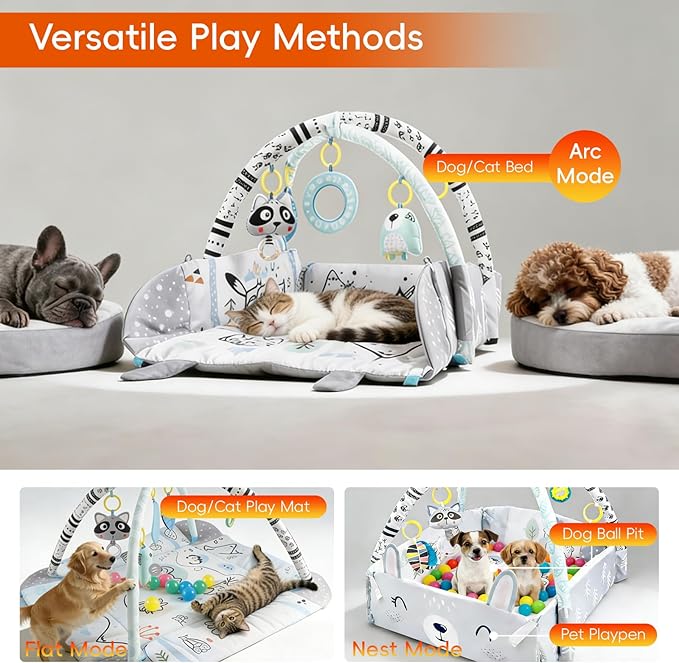 Puppy Play Gym & Cat Activity Mat,with Interactive Cat & Dog Toys,Multi - Functional Gym for for Fun, Exercise & Rest