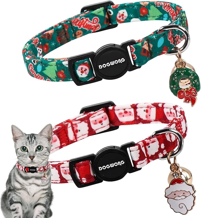 Cat Collar,2 Pack Cat Collars Breakaway with Bell, DOGWONG Safety Buckle Red Christmas Santa Cat Collar for Girl Boy Cats and Small Dogs，Adjustable 7-12 Inch,Pet Supplies Accessories
