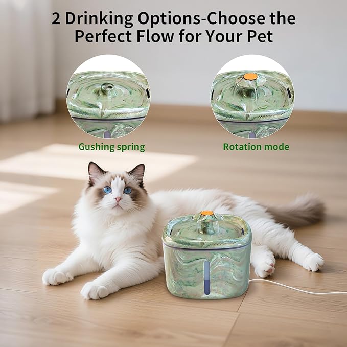 Cat Water Fountain,2.5L/84oz Cat Fountain for Drinking with Rotating Attractor & Camouflage Green Design –Automatic Pet Water Dispenser Bowl with 2-Pack Replaceable Filters