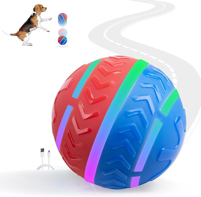 Pet Prime Interactive Dog Ball Toy Automatic Active Rolling Ball for Dogs Motion Activated with LED Light Rechargeable Self Moving Toy for Small Medium Large Dogs to Play Red/Blue