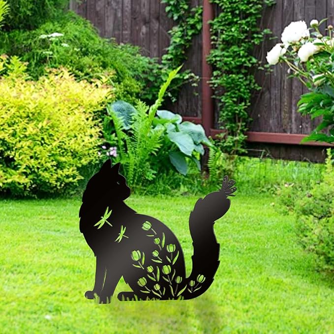 Bnesi Floral Long-Haired Cat Yard Decor Pet Grave Markers Metal Sign Silhouette Garden Ornament Pet Grave Markers Outdoor Cat Memorial Gift Flowerbed Decor (Elegant)