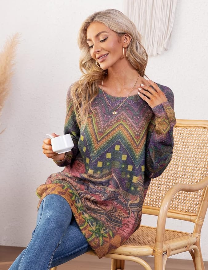 YESNO Women Christmas Sweater Graphic Printed Oversized Pullover Sweaters Casual Loose Knit Tops S01