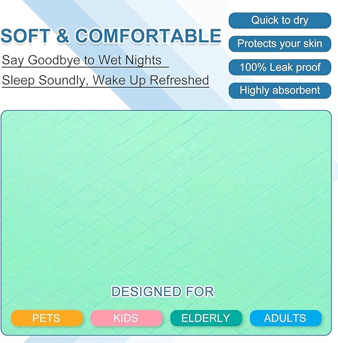OUTCREATOR® Washable Bed Pads 34" x 36" (Pack of 4), Incontinence Mattress Protector, Anti-Slip Waterproof Underpads for Adults Kids Elderly Pets, Absorbency & Reusable Bedwetting Pads (Solid Green)
