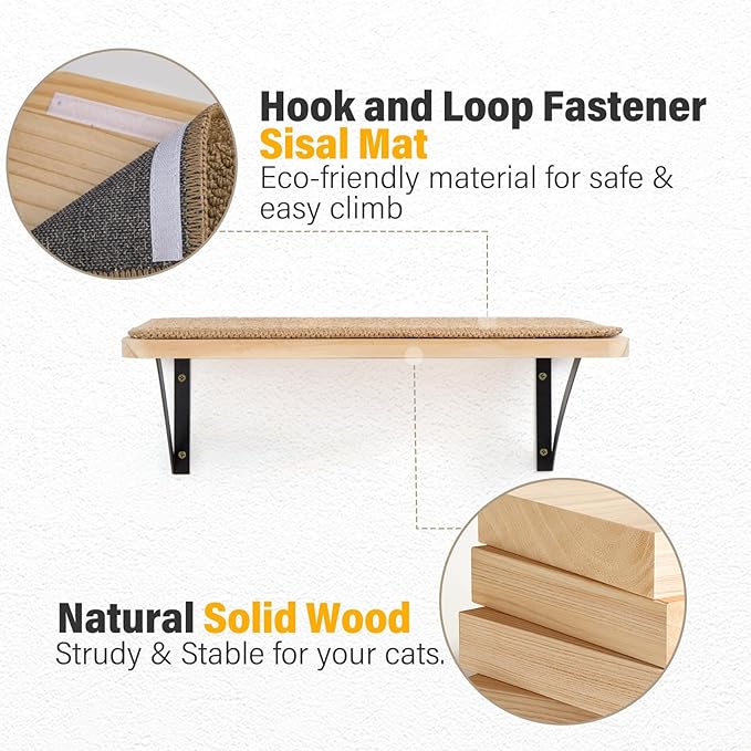 2Pack Wooden Cat Wall Shelves with Sisal Mat,16x9.8 Inch Cat Wall Step and Bed for Sleeping,Scratching and Playing.