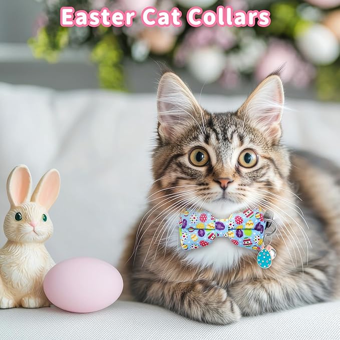 3 PCS Easter Cat Collars with Bow Tie and Bell, Spring Cat Collars Eggs Rabbit Pattern Breakaway Adjustable Cat Bow Tie Collars, Cute Bow Tie Suitable for Kittens Or Certain Puppies