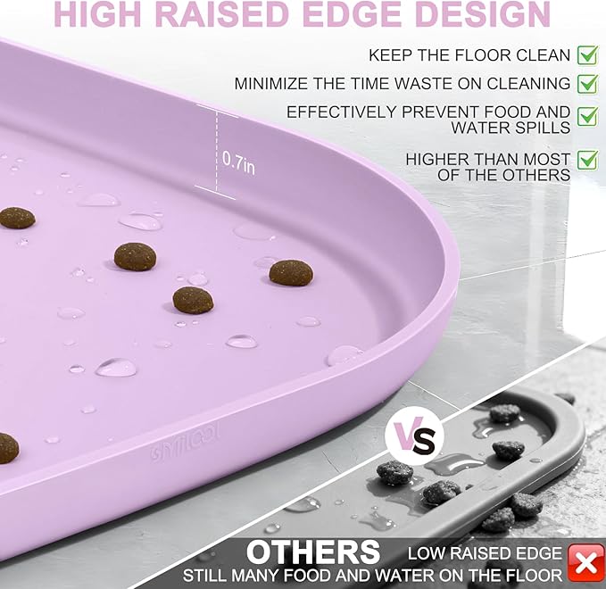 Small Silicone Pet Food Mat with Raised Edge for Food and Water Bowl, Square Dog Feeding Mats, Cat Food Trays for Floor Waterproof, Rubber Tray for Dogs and Cats, 12 x 12 x 0.7 Lavender