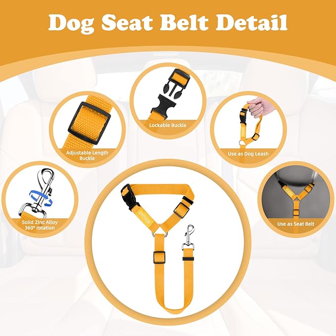 BWOGUE Pet Dog Cat Seat Belts, Car Headrest Restraint Adjustable Safety Leads Vehicle Seatbelt Harness (1 Pack, Yellow, Not Elastic)