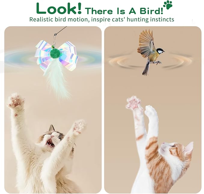 Pawaboo Feather Teaser Cat Toy, Interactive Feather Wand Cats Toy Flying Feathers Cat Catcher with Extra Long 34.5" Wand and Small Bell, Exerciser Playing Toys for Kitten or Cats, Green Butterfly