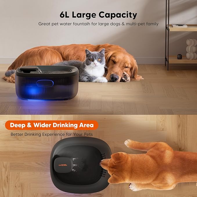 WOPET Dog Water Fountain for Large Dogs, 6L/205oz Automatic Cat Water Fountain with 5 Filters, Handle, BPA-Free Pet Water Dispenser for Multi-Pet & Cats, Ultra-Quiet Dog Water Bowl with LED Light