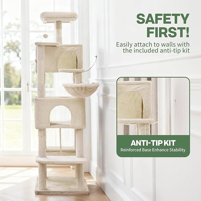 Cat Tree for Indoor Cats, 66 Inches Cat Tower with Scratching Post, Multi-Level Climbing Tree Cat House Padded Plush Perch, Cat Condo Activity Center with Pompoms, Kittens Pet Play House, Beige